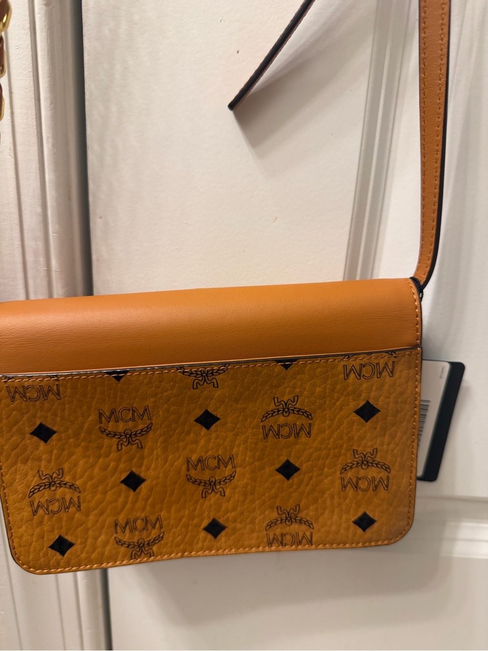 MCM Tan Visetos Crossbody Bag with Gold Chain Strap - Picture 8 of 12